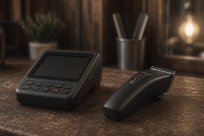 A card reader with a dark screen beside clippers on a barbershop counter