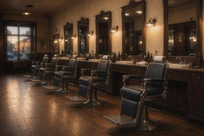 A row of empty barber chairs at closing in warm lamp light