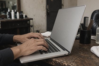 Hands type on a laptop with its screen turned away at a barbershop station