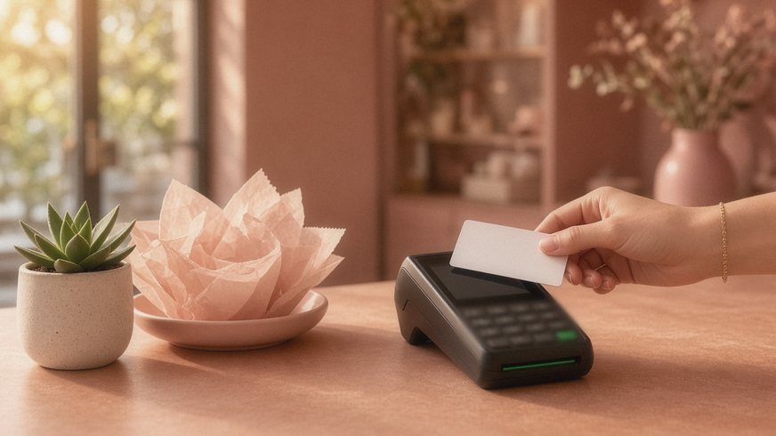 A hand holds a blank card to a countertop card reader beside a succulent in warm light